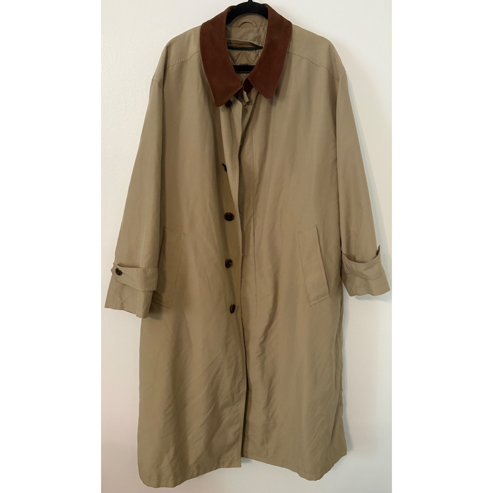 Vtg. Brooks Brothers Mens Khaki Trench Coat Brown Suede Collar Zip Out Liner 42S